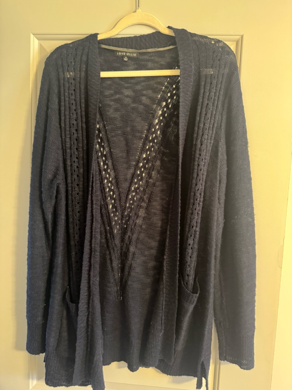 Women's Navy Open-Front Crochet Cardigan Sweater